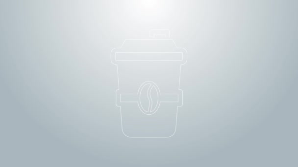 Línea azul taza de café para ir icono aislado sobre fondo gris. Animación gráfica de vídeo 4K — Vídeo de stock