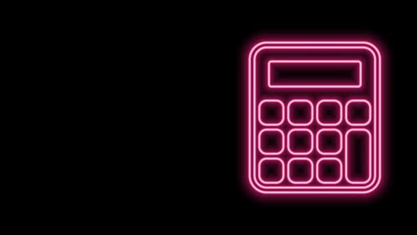 Icono de la calculadora de línea de neón brillante aislado sobre fondo negro. Símbolo contable. Cálculos de negocio matemáticas educación y finanzas. Animación gráfica de vídeo 4K — Vídeo de stock