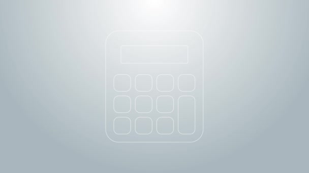 Icono de la calculadora de línea azul aislado sobre fondo gris. Símbolo contable. Cálculos de negocio matemáticas educación y finanzas. Animación gráfica de vídeo 4K — Vídeo de stock