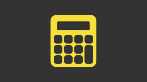 Gul räknemaskin ikon isolerad på grå bakgrund. Bokföringssymbol. Beräkningar matematik utbildning och finans. 4K Video motion grafisk animation — Stockvideo