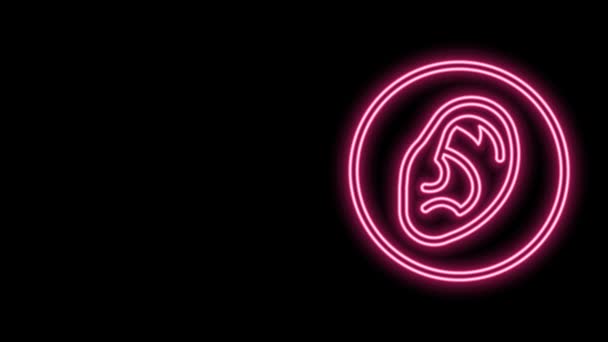Linia luminoasă de neon Urechea ascultă pictograma semnalului sonor izolată pe fundal negru. Auz urechea. 4K Animație grafică în mișcare video — Videoclip de stoc