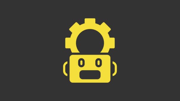 Желтый значок настройки робота выделен на сером фоне. Искусственный интеллект, машинное обучение, облачные вычисления. Видеографическая анимация 4K — стоковое видео
