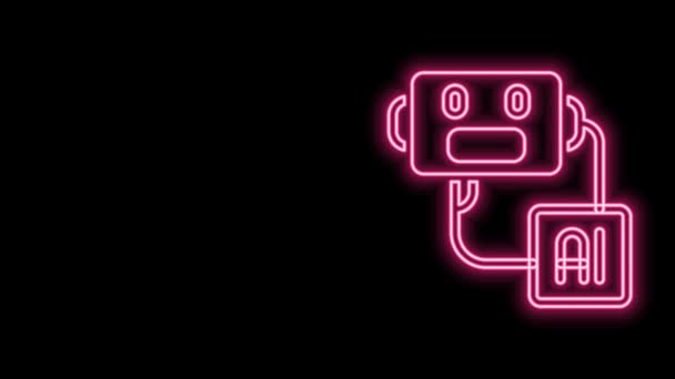 Zářící neonová čára Ikona robota umělé inteligence izolovaná na černém pozadí. Strojové učení, cloud computing. Grafická animace pohybu videa 4K — Stock video