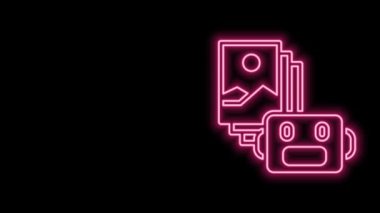 Parlayan neon hattı yapay zeka robot simgesi siyah arkaplanda izole edildi. Makine öğrenme, bulut hesaplama. 4K Video hareketli grafik canlandırması