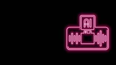 Parlayan neon hattı yapay zeka simgesi siyah arkaplanda izole edildi. Makine öğrenme, bulut hesaplama, otomatik destek ve ağlar. 4K Video hareketli grafik canlandırması