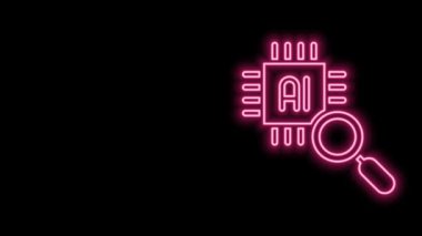 Siyah arkaplanda izole edilmiş mikro devreli parlayan neon hattı Bilgisayar işlemcisi. Devre kartlı çip ya da işlemci. Mikro işlemci. 4K Video hareketli grafik canlandırması