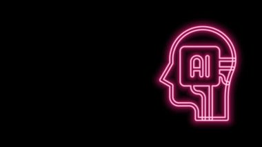 Parlayan neon hattı İnsansı robot simgesi siyah arkaplanda izole edildi. Yapay zeka, makine öğrenme, bulut hesaplama. 4K Video hareketli grafik canlandırması