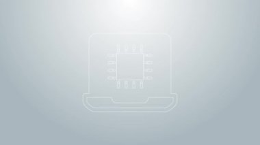 Gri arkaplanda mikro devre işlemci simgesi olan mavi çizgi Bilgisayar işlemcisi izole edildi. Devre kartlı çip ya da işlemci. Mikro işlemci. 4K Video hareketli grafik canlandırması