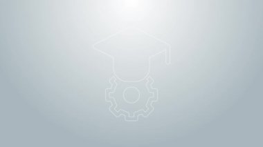 Mavi çizgi mezuniyet simgesi gri arka planda izole edildi. Tassel ikonlu mezuniyet şapkası. 4K Video hareketli grafik canlandırması