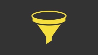 Gri arkaplanda sarı huni veya filtre simgesi izole edildi. 4K Video hareketli grafik canlandırması