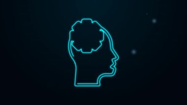 Parlak neon hattı insan kafası ve siyah arka planda izole edilmiş ikon içerisindeki ekipman. Yapay zeka. Düşünen beyin. Beynin sembol çalışması. 4K Video hareketli grafik canlandırması