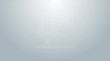 Mavi çizgi mikrofon ses aygıtı simgesi gri arkaplanda izole edildi. Mikrofon tercümanı ve alfabe harfleri. 4K Video hareketli grafik canlandırması
