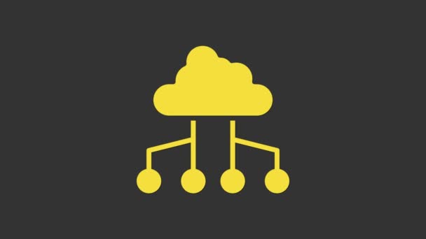 Иконка подключения к облаку желтой сети изолирована на сером фоне. Социальные технологии. Концепция облачных вычислений. Видеографическая анимация 4K
