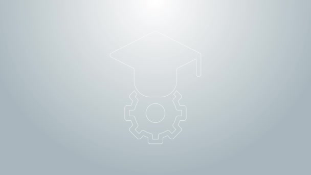 Linea blu Icona del cappuccio graduato isolato su sfondo grigio. Cappello da laurea con icona a nappa. Animazione grafica 4K Video motion — Video Stock