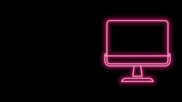 Zářící neonová čára Ikona monitoru počítače izolovaná na černém pozadí. Elektronické zařízení. Přední pohled. Grafická animace pohybu videa 4K — Stock video