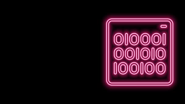Linea al neon luminosa Icona codice binario isolata su sfondo nero. Animazione grafica 4K Video motion — Video Stock