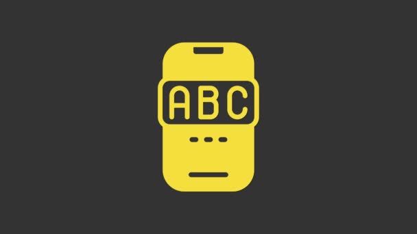 Желтый E-learning различных иностранных языков через значок мобильного приложения, выделенный на сером фоне. Видеографическая анимация 4K — стоковое видео