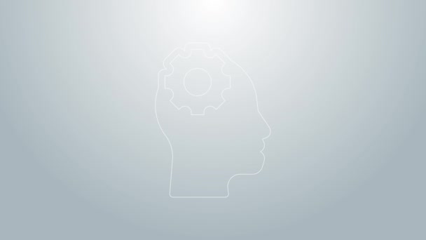 Blue line Human head with gear inside icon isolated on grey background. Artificial intelligence. Thinking brain. Symbol work of brain. 4K Video motion graphic animation — Stock Video