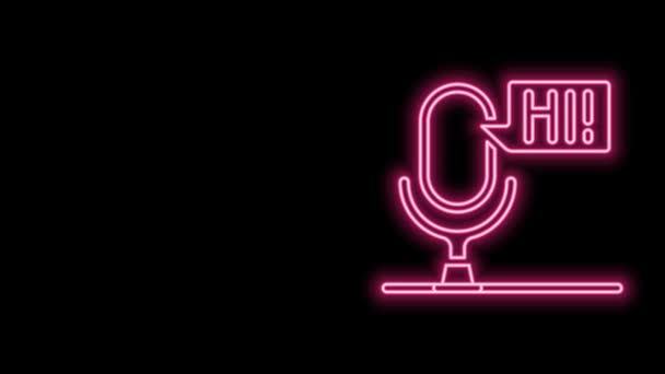 Glowing neon line Microphone voice device icon isolated on black background. Microphone interpreter and alphabet letters. 4K Video motion graphic animation
