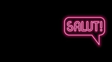 Farklı dillerde parlayan neon hattı salut siyah arkaplanda izole edilmiş. Konuşma baloncukları. 4K Video hareketli grafik canlandırması
