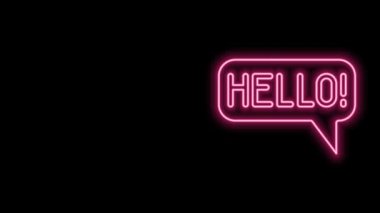 Parlayan neon hattı Merhaba farklı dillerde siyah arkaplanda izole edilmiş simge. Konuşma baloncukları. 4K Video hareketli grafik canlandırması