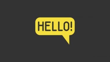 Sarı Merhaba farklı dillerde gri arkaplanda izole edilmiş simge. Konuşma baloncukları. 4K Video hareketli grafik canlandırması