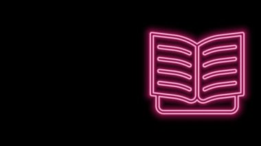Parlayan neon hattı Açık kitap simgesi siyah arkaplanda izole edildi. 4K Video hareketli grafik canlandırması