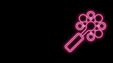 Parlayan neon hattı, siyah arka planda izole edilmiş oyuncak bebek ikonu. Fasulye torbası işareti. 4K Video hareketli grafik canlandırması