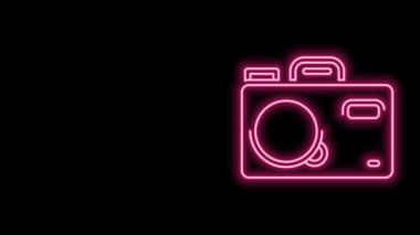 Parlayan neon hattı fotoğraf makinesi simgesi siyah arkaplanda izole edildi. Foto kamera. Dijital fotoğrafçılık. 4K Video hareketli grafik canlandırması