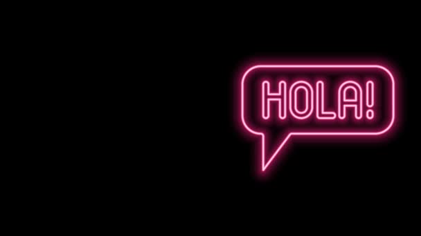 Светящийся неоновая линия Hola в различных языках значок изолирован на черном фоне. Речевые пузыри. Видеографическая анимация 4K — стоковое видео