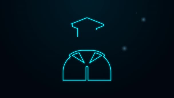 Žhnoucí neonová čára Ikona absolventa a odstupňovaného víčka izolované na černém pozadí. Grafická animace pohybu videa 4K — Stock video