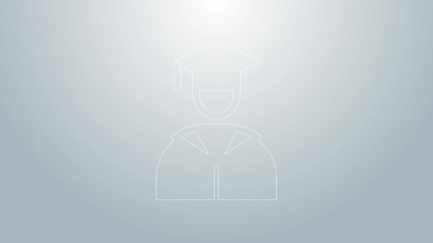 青線灰色の背景に隔離された卒業キャップアイコン。4Kビデオモーショングラフィックアニメーション — ストック動画