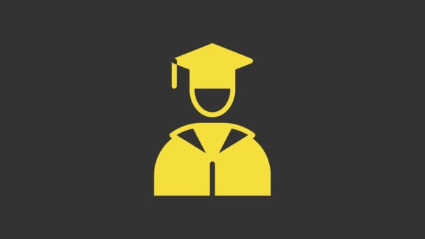 Icono de graduado amarillo y gorra de graduación aislado sobre fondo gris. Animación gráfica de vídeo 4K — Vídeo de stock