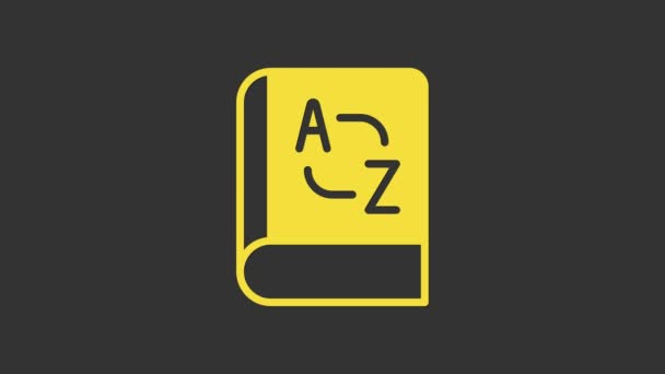 Icono del libro Yellow Translator aislado sobre fondo gris. Iconos de conversación en idiomas extranjeros en burbuja de conversación de chat. Traduciendo concepto. Animación gráfica de vídeo 4K — Vídeos de Stock