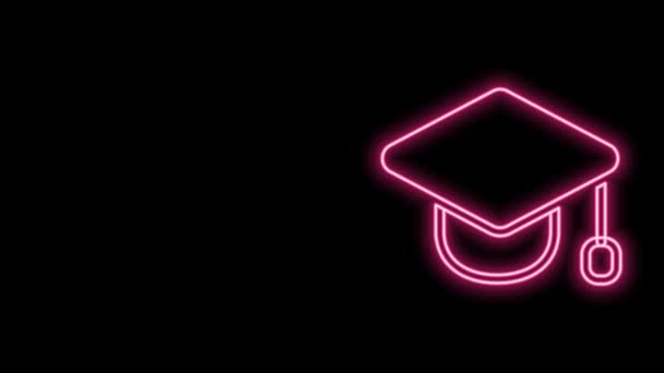 Glowing neon line Graduation cap icon isolated on black background. Graduation hat with tassel icon. 4K Video motion graphic animation — Stock Video