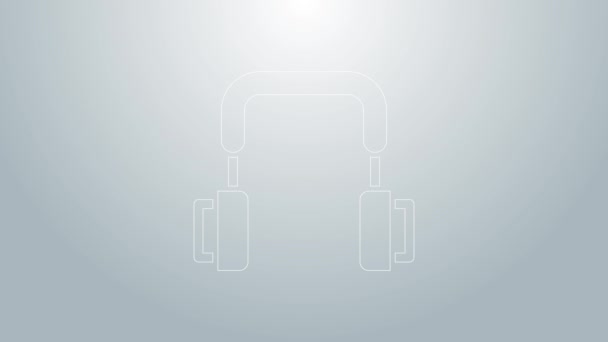 Blauwe lijn Koptelefoon pictogram geïsoleerd op grijze achtergrond. Oortelefoons. Concept voor het luisteren naar muziek, service, communicatie en operator. 4K Video motion grafische animatie — Stockvideo