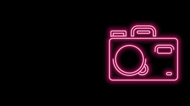 Gloeiende neon lijn Fotocamera icoon geïsoleerd op zwarte achtergrond. Foto camera. Digitale fotografie. 4K Video motion grafische animatie — Stockvideo