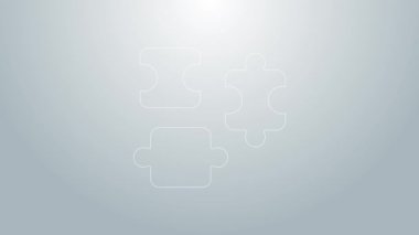 Mavi çizgi yapboz parçaları, gri arkaplanda izole edilmiş oyuncak ikonu. 4K Video hareketli grafik canlandırması