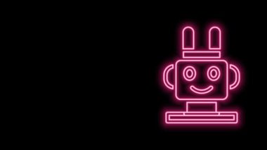 Parlayan neon hattı robot oyuncak ikonu siyah arka planda izole edildi. 4K Video hareketli grafik canlandırması