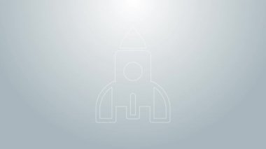 Mavi çizgi roket oyuncak ikonu gri arka planda izole edildi. Uzay yolculuğu. 4K Video hareketli grafik canlandırması