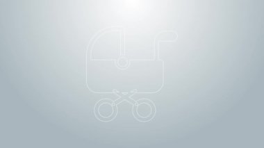 Mavi çizgi bebek arabası simgesi gri arkaplanda izole edildi. Bebek arabası, at arabası, bebek arabası, bebek arabası, tekerlek. 4K Video hareketli grafik canlandırması