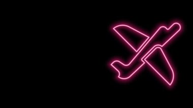 Parlayan neon hattı oyuncak uçak simgesi siyah arkaplanda izole edildi. Uçan uçak ikonu. Uçak tabelası. 4K Video hareketli grafik canlandırması