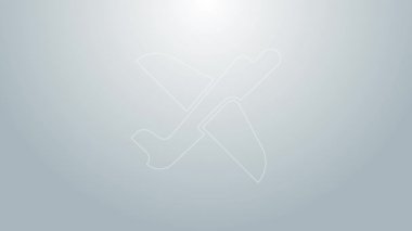 Mavi çizgi oyuncak uçak ikonu gri arkaplanda izole edildi. Uçan uçak ikonu. Uçak tabelası. 4K Video hareketli grafik canlandırması