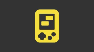 Sarı Portable tetris elektronik oyun ikonu gri arkaplanda izole edildi. Klasik bir cep tuğlası oyunu. Etkileşimli oyun aygıtı. 4K Video hareketli grafik canlandırması