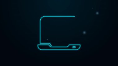 Parlayan neon hattı dizüstü bilgisayar simgesi siyah arkaplanda izole edildi. Boş ekran işaretli bilgisayar defteri. 4K Video hareketli grafik canlandırması