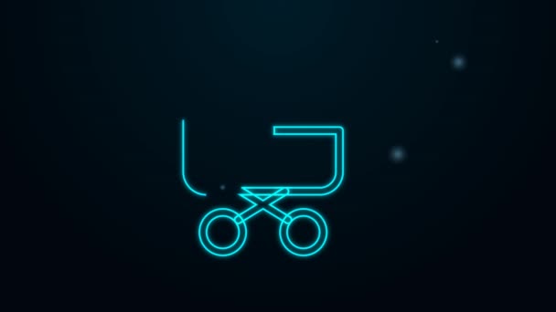 Glowing neon line Baby stroller icon isolated on black background. Baby carriage, buggy, pram, stroller, wheel. 4K Video motion graphic animation — Stock Video