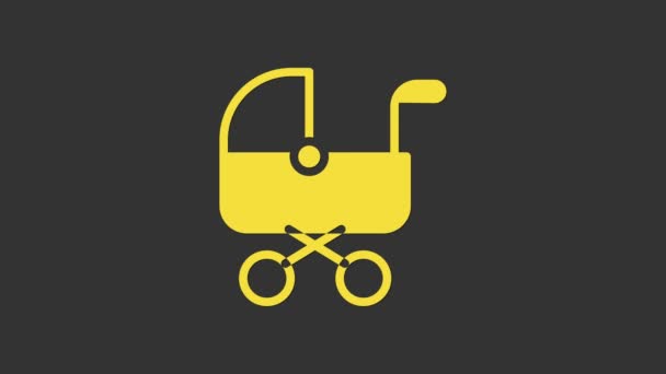 Gele kinderwagen pictogram geïsoleerd op grijze achtergrond. Kinderwagen, buggy, kinderwagen, kinderwagen, wiel. 4K Video motion grafische animatie — Stockvideo