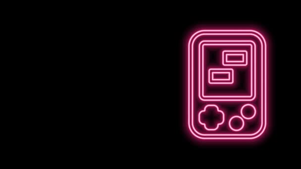 Linha de néon brilhante ícone portátil do jogo eletrônico tetris isolado no fundo preto. Estilo vintage jogo de tijolo de bolso. Dispositivo de reprodução interativo. Animação gráfica em movimento de vídeo 4K — Vídeo de Stock