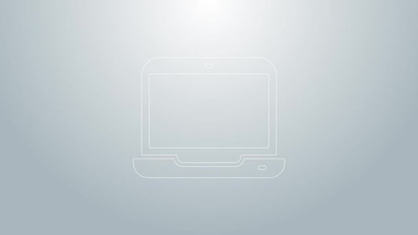 Modrá čára Laptop ikona izolované na šedém pozadí. Počítačový sešit s prázdnou tabulkou. Grafická animace pohybu videa 4K — Stock video