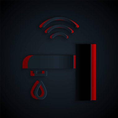 Kağıt kesiği Akıllı su musluk sistemi simgesi siyah arkaplanda izole edildi. İnternet kavramının kablosuz bağlantısı. Kağıt sanatı tarzı. Vektör.